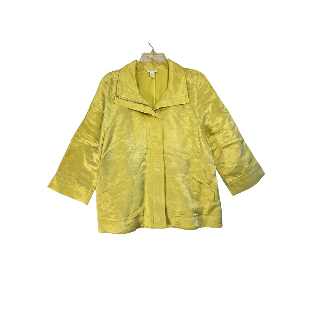 Charter Club Chartreuse Yellow Linen Blend Zip Front Jacket XL 3/4 Sleeve Pocket
